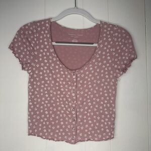 American Eagle Women’s S Petite Soft & Sexy Rib Pink Floral Button Crop Top